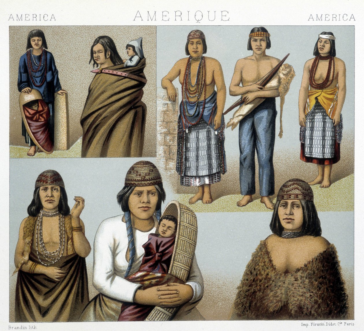 Kaliforniska indianernas kostymer. Illustration i "Den historiska kostymen" av Racinet av Albert Charles August Racinet