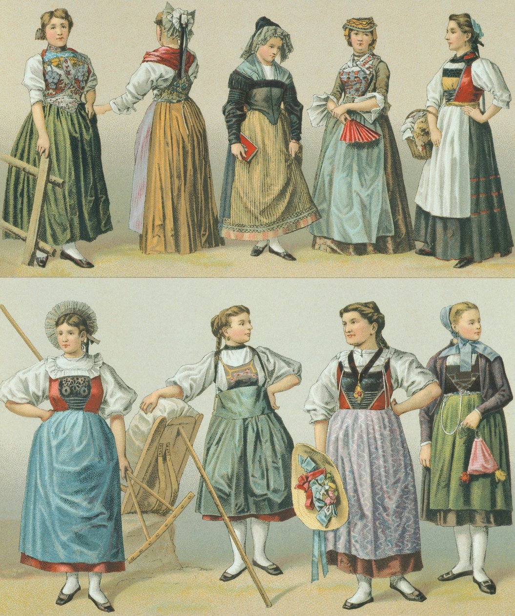 Costumes of the Cantons, illustration från The Complete Costume History av Racinet Auguste av Albert Charles August Racinet