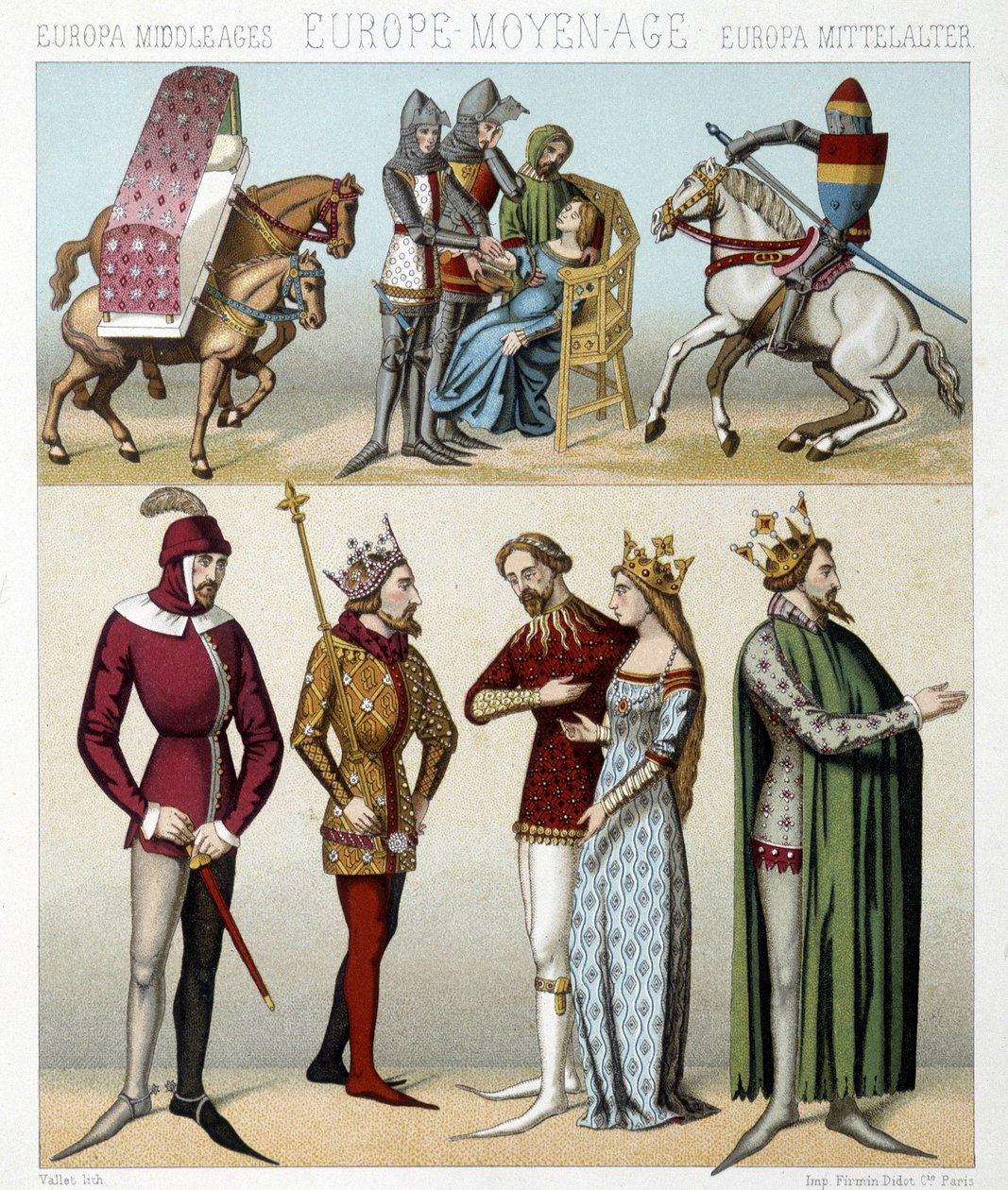 Medeltidens dräkter i Frankrike. Illustration i "Le costume historique"" av Racinet av Albert Charles August Racinet