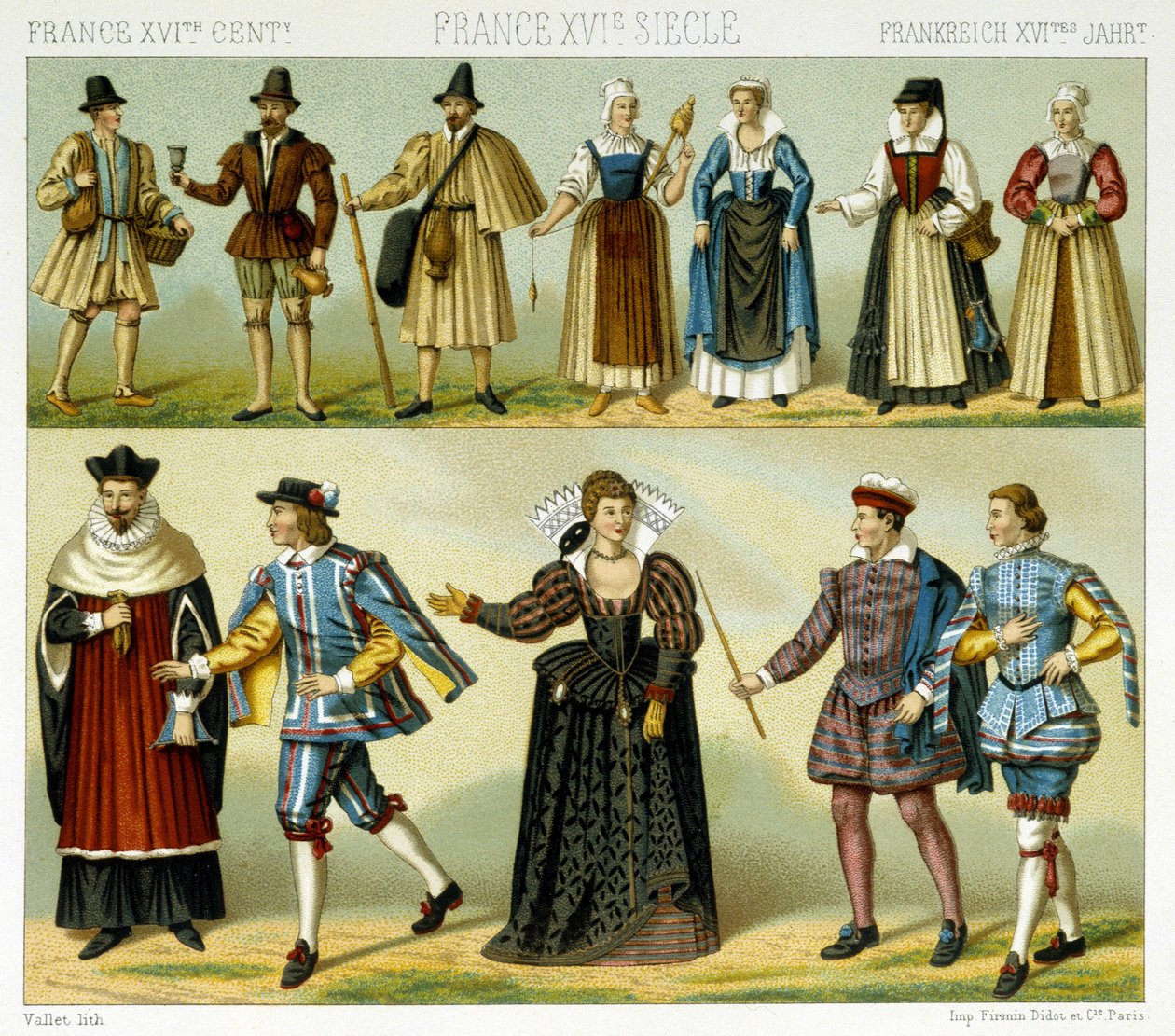 Dräkter av adeln och populära dräkter i Frankrike på 1500-talet. Kromolitografisk platta - i "" Le costume historique"" av Racinet av Albert Charles August Racinet