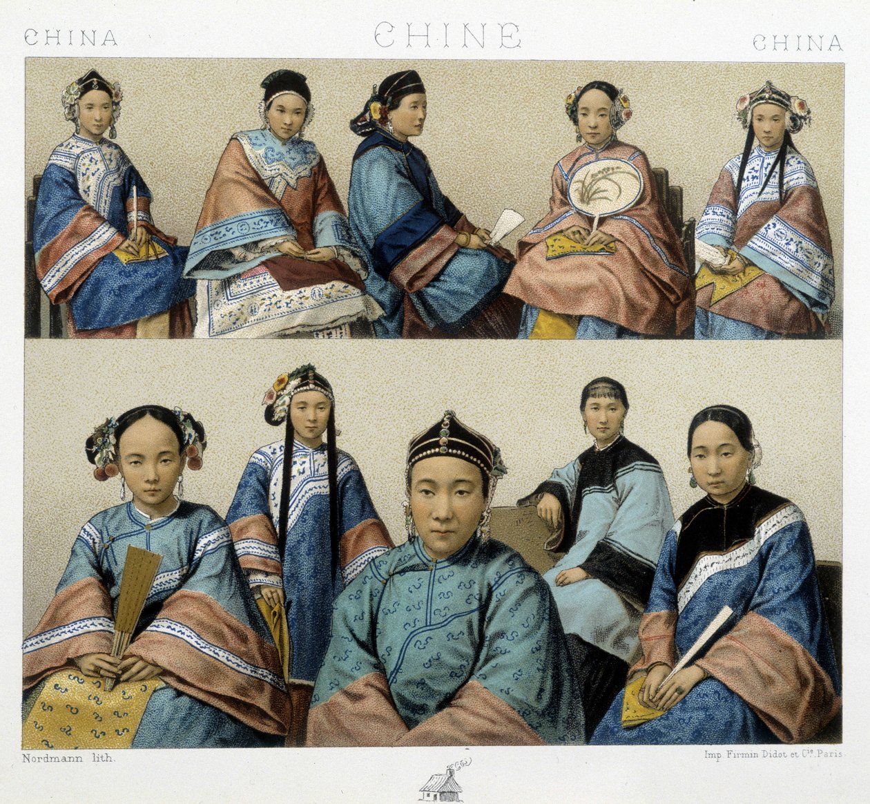 Olika typer av kvinnor i Kina - i "" Den historiska kostymen"" av Racinet av Albert Charles August Racinet