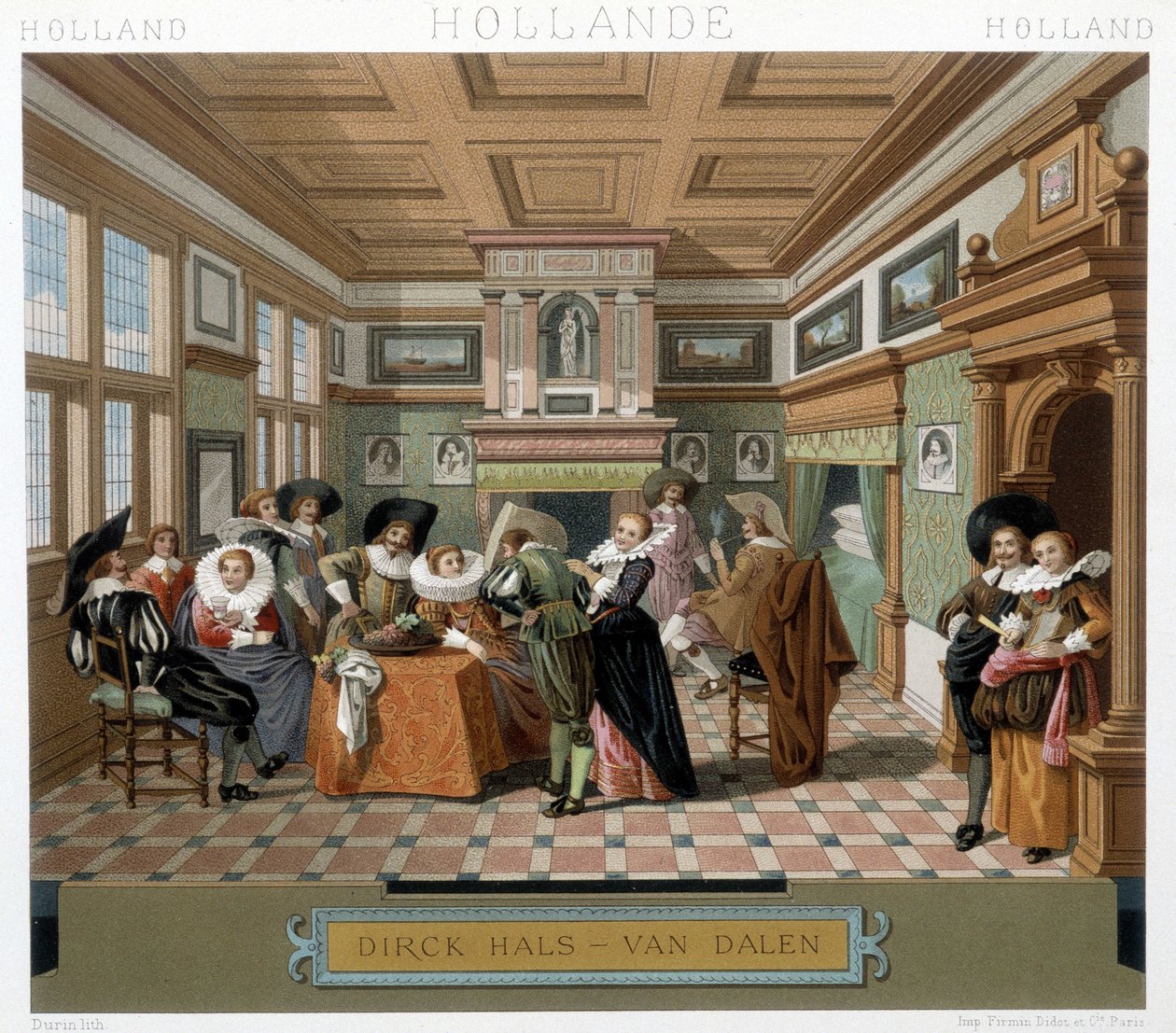 Holländare i kostymer och i 1700-talsinteriör. Illustration i "" Le costume historique"" av Racinet av Albert Charles August Racinet