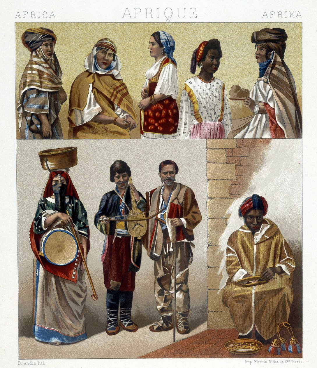 Egyptiska dräkter. Illustration i "Den historiska kostymen" av Racinet av Albert Charles August Racinet