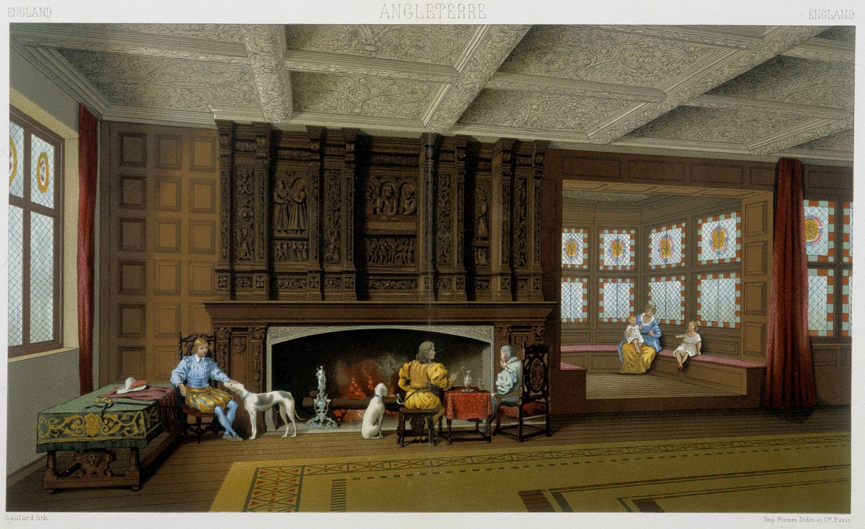 Engelsk lord och hans familj i hans 1600-talshem. Kromolitografisk platta - i "" Le costume historique"" av Racinet av Albert Charles August Racinet