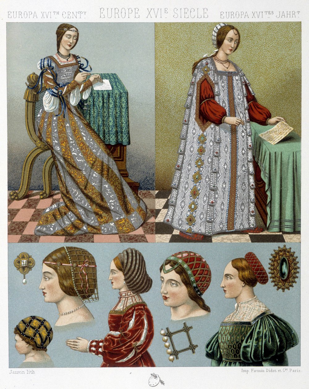 Mode och frisörer i Europa på 1500-talet - i "" Den historiska kostymen"" av Racinet, sent 1800-tal av Albert Charles August Racinet