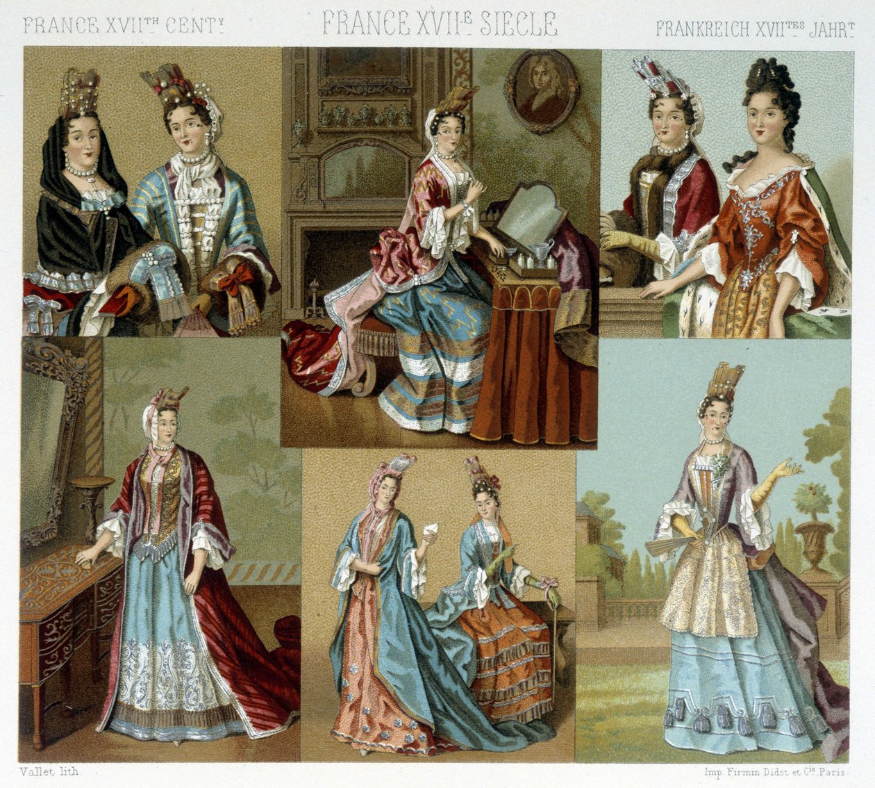 Mode och frisör i Frankrike på 1700-talet - i "" Le costume historique"" av Racinet, sent 1800-tal av Albert Charles August Racinet