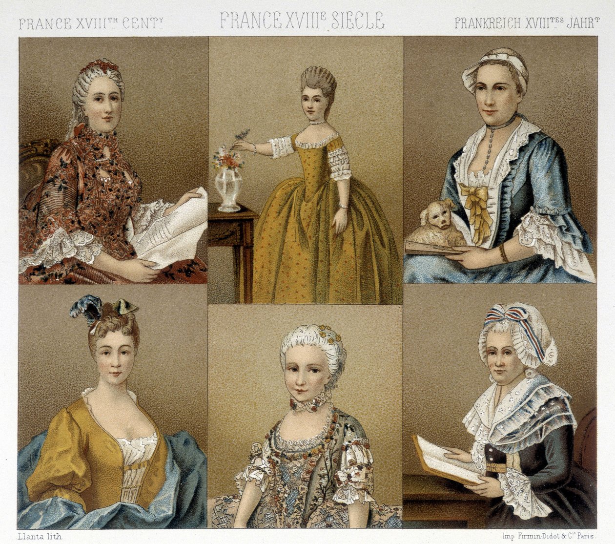 Franskt feminint mode på 1700-talet. Illustration i "" Le costume historique"" av Racinet av Albert Charles August Racinet