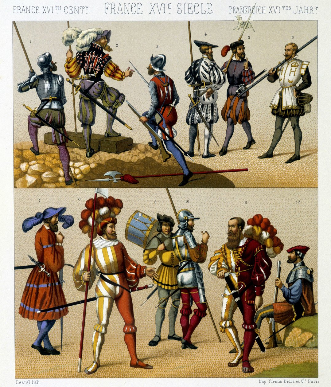 Franska militärdräkter på 1500-talet. Kromolitografisk platta - i "" Le costume historique"" av Racinet av Albert Charles August Racinet