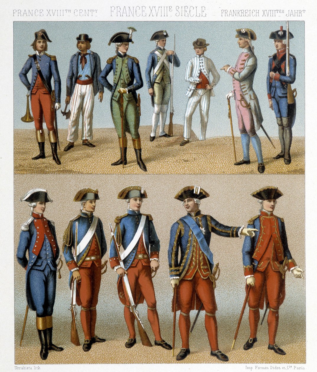 Franska militärdräkter på 1700-talet. Illustration i "" Le costume historique"" av Racinet av Albert Charles August Racinet