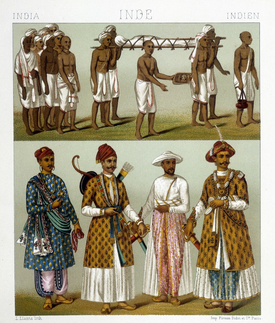 Begravning (överst på bilden) och köpmän (längst ner på bilden) i Indien. Teckning i "" Le costume historique"" av Racinet av Albert Charles August Racinet