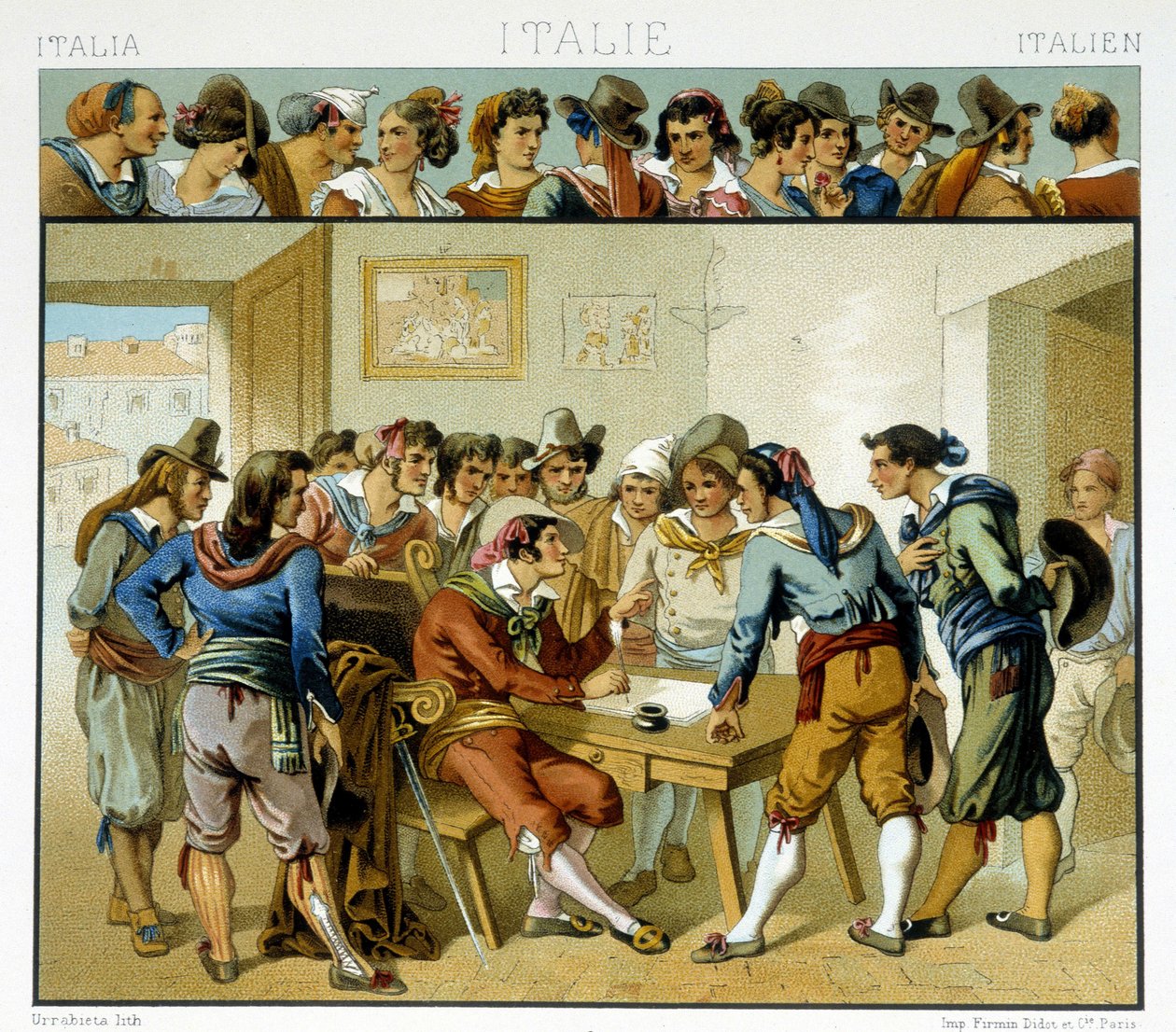 Grupp italienare runt en författare representerad i de populära romerska dräkterna på 1800-talet. Kromolitografisk platta - i "" Le costume historique"" av Racinet av Albert Charles August Racinet