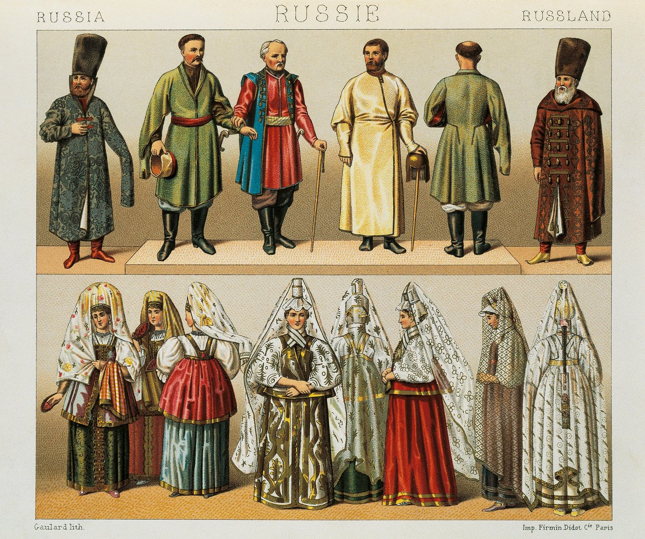 Det ryska folkets historiska klänning, Illustration från The Complete Costume History av Racinet Auguste av Albert Charles August Racinet