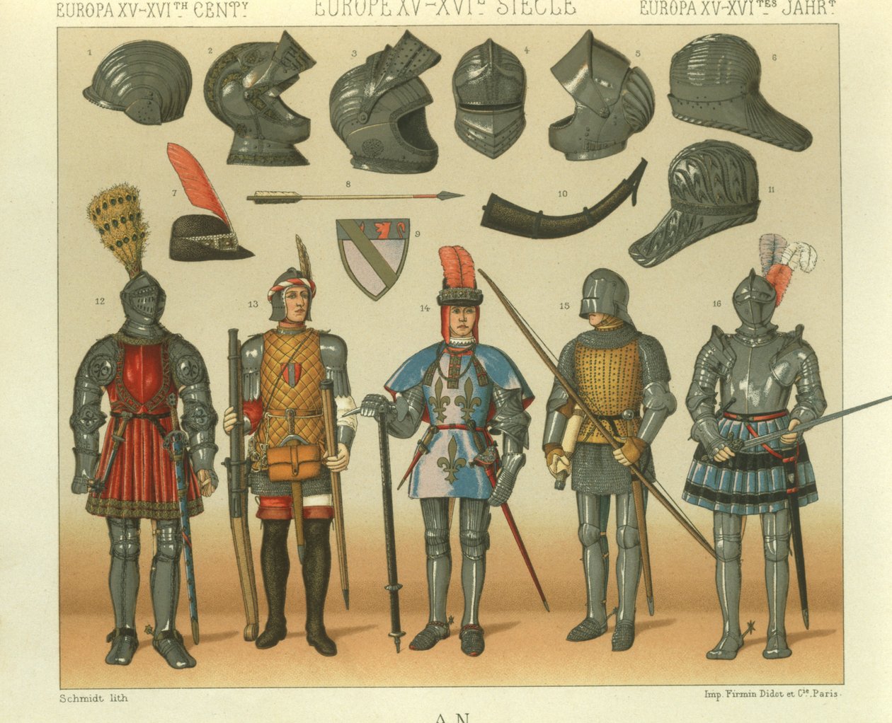 Illustration av europeiska krigare pansar av Albert Charles August Racinet