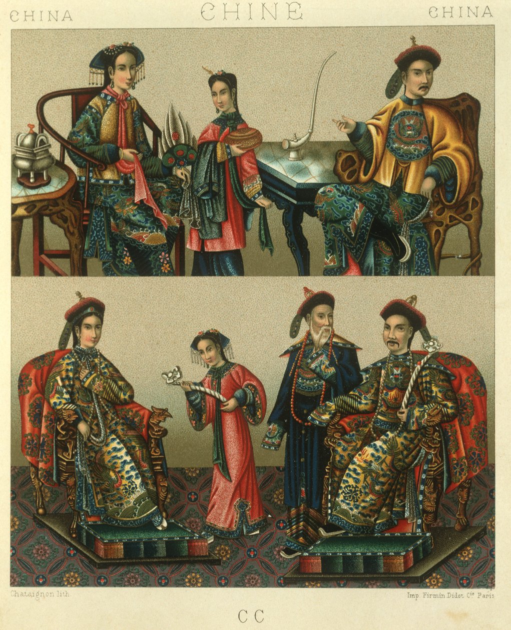 Illustration av den kejserliga familjen Chin; Kina av Albert Charles August Racinet