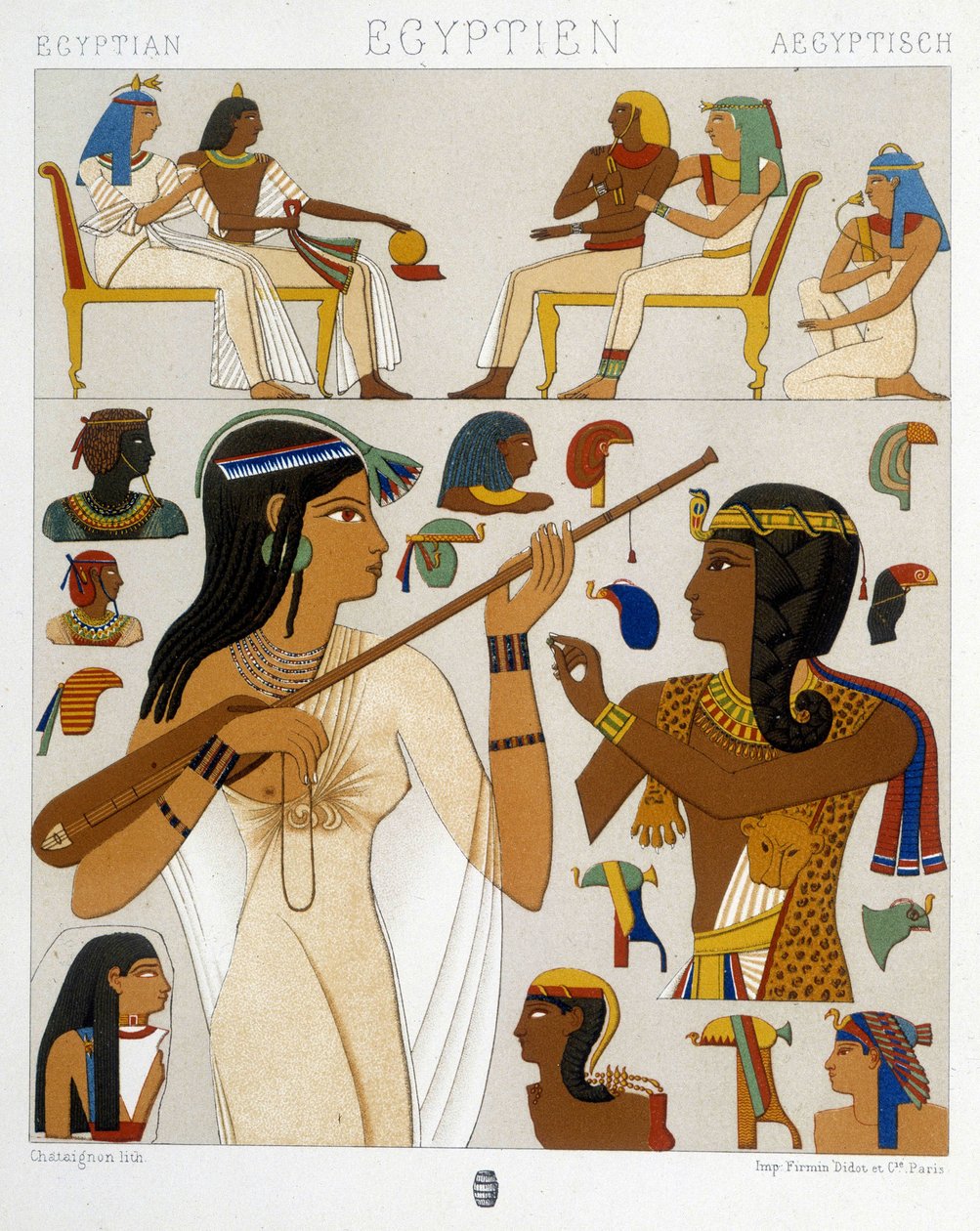 Bilder återgivna från fresker av det antika Egypten i "The Historical Costume"" av Racquet 1888 av Albert Charles August Racinet