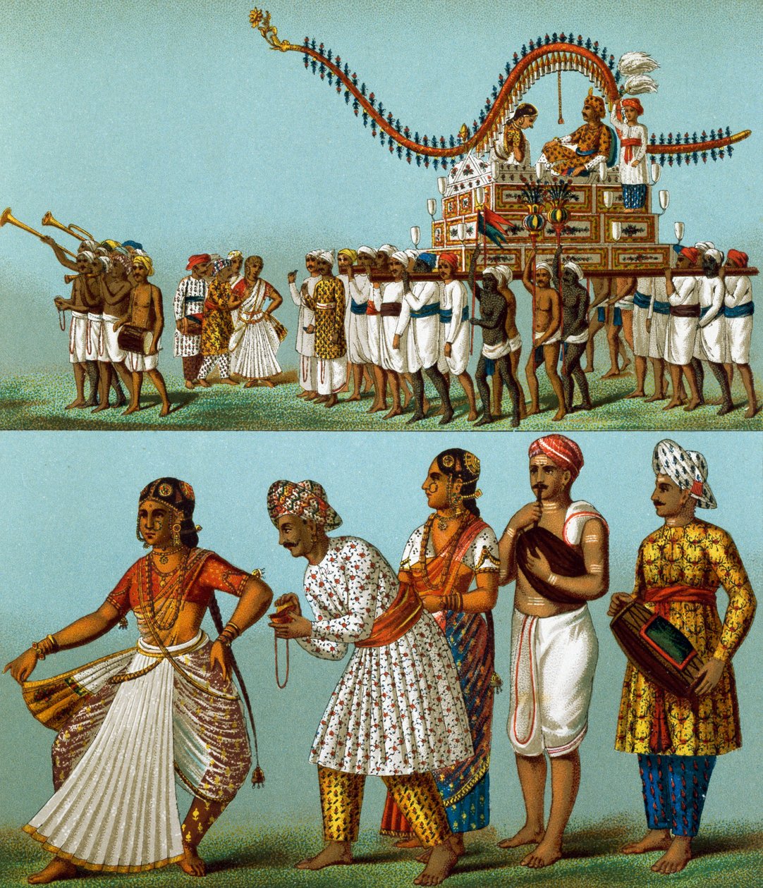 Indien, parader, musik, danser, av Auguste Racinet (1825-1893), litografi kommer från Le Costume Historique, volym I av Albert Charles August Racinet