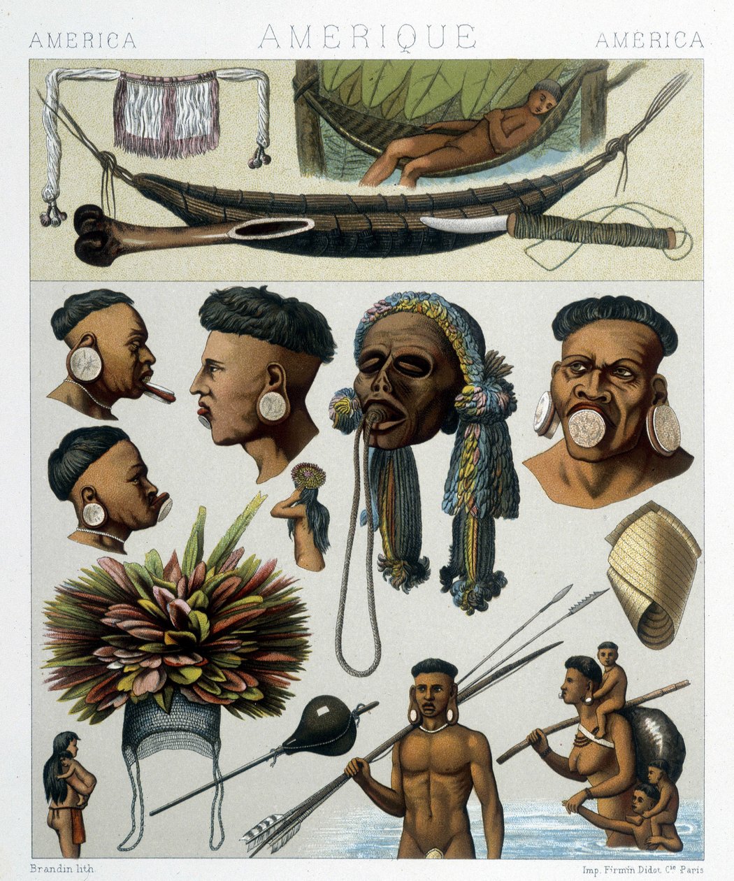 Ursprungsbefolkningen i Brasilien och Paraguay. Illustration i "Den historiska kostymen" av Racinet av Albert Charles August Racinet