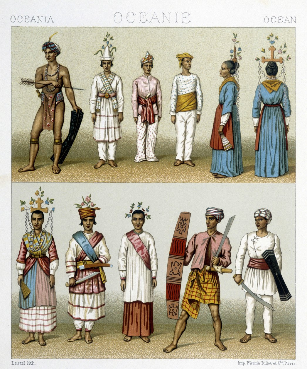 Invånare på Celebesöarna i Indonesien. Illustration i "" Le costume historique"" av Racinet av Albert Charles August Racinet