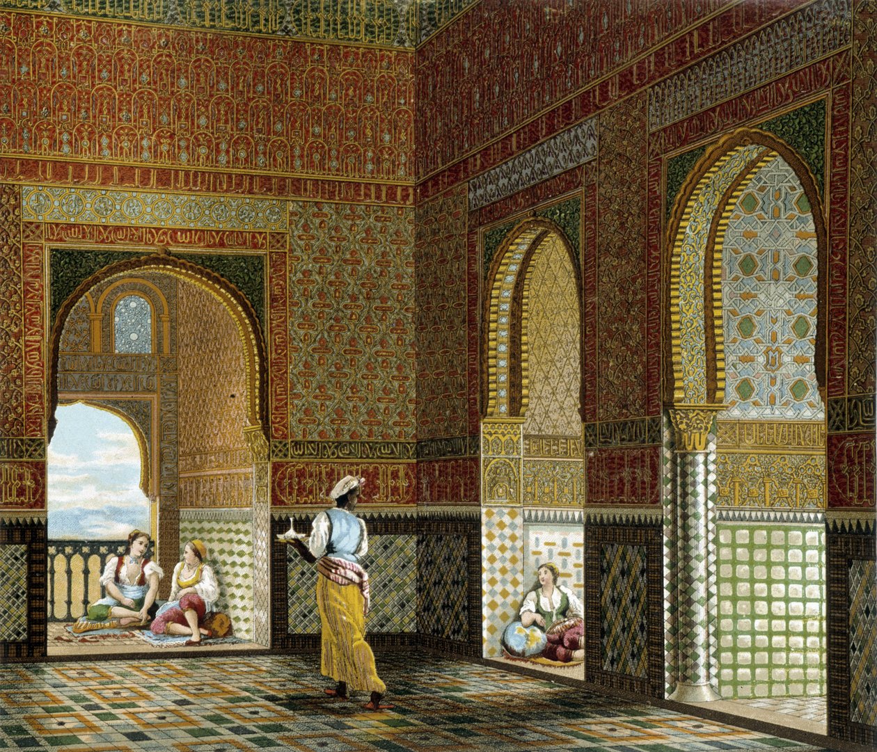 Interiör av ett moriskt hus (Alhambra, välsignelsens rum). Kromolitografisk platta - i "" Le costume historique"" av Racinet av Albert Charles August Racinet