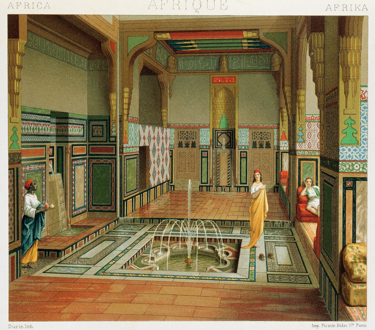 Interiör av ett rikt hus i Kairo, Illustration från Complete Costume History av Auguste Racinet av Albert Charles August Racinet