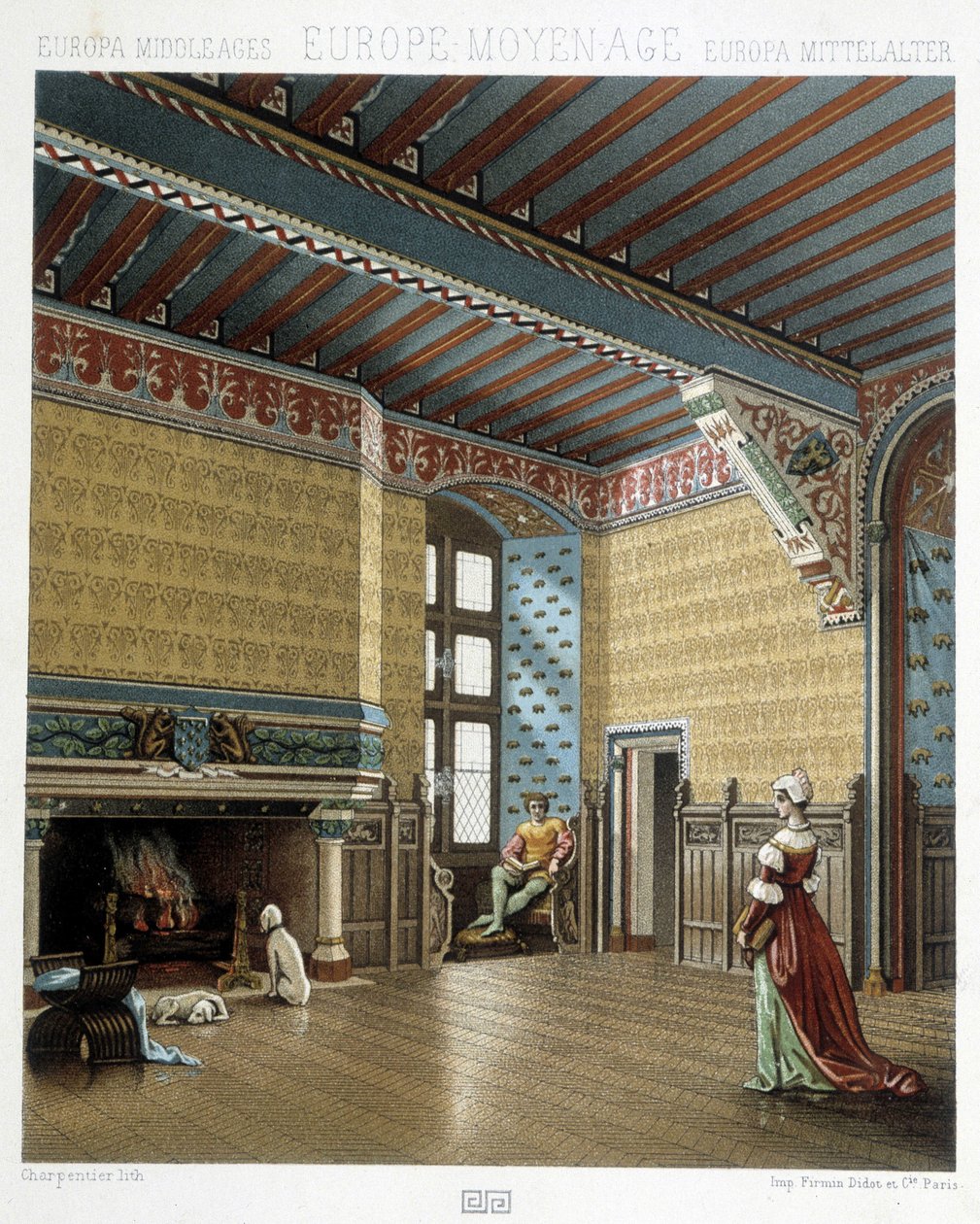 Interiör av en ståtlig bostad under medeltiden - i "" Den historiska kostymen"" av Racinet av Albert Charles August Racinet