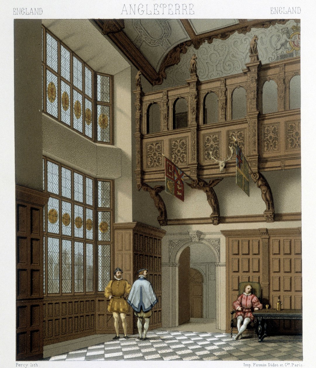 Interiör av ett ståtligt hus i England på 1700-talet. Illustration i "" Le costume historique"" av Racinet av Albert Charles August Racinet