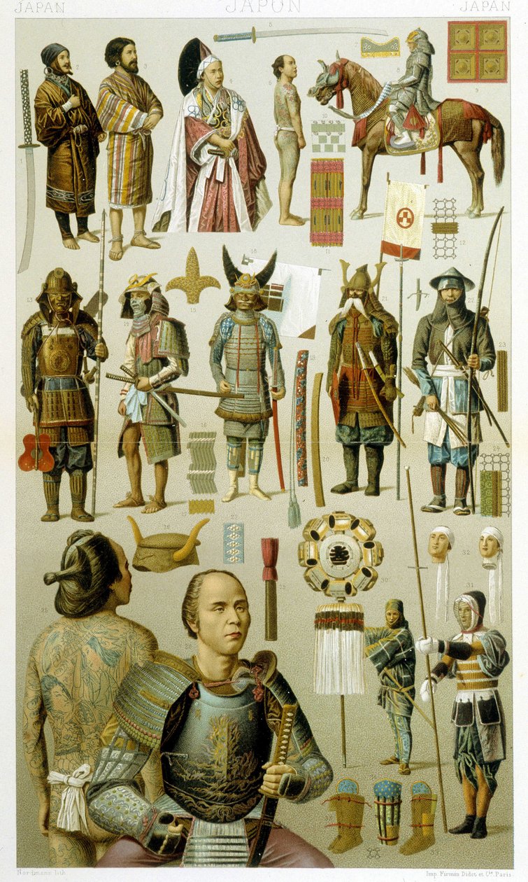 Japanska krigarkostymer (samoura eller yakuza eller yakuza). Kromolitografisk platta - i "" Le costume historique"" av Racinet av Albert Charles August Racinet