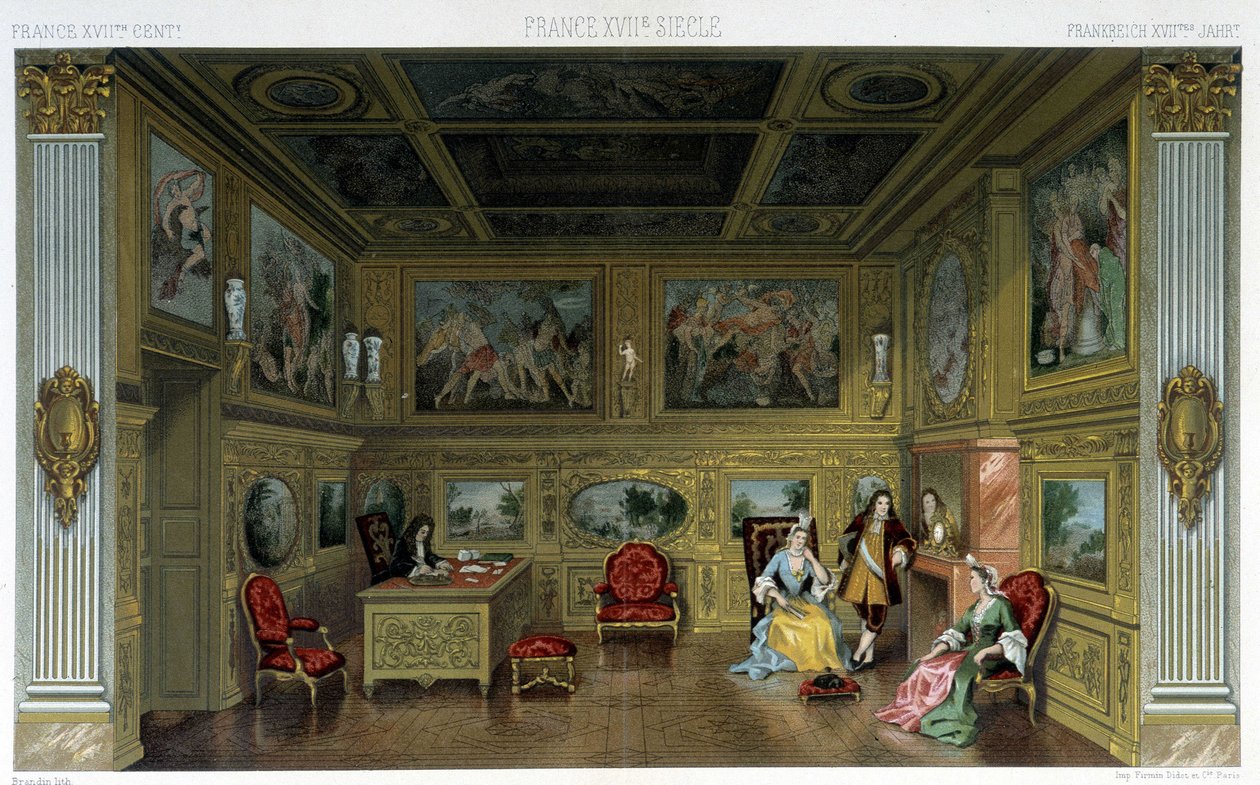 Män och kvinnor i ett rikt 1700-talshem. Illustration i "" Le costume historique"" av Racinet av Albert Charles August Racinet