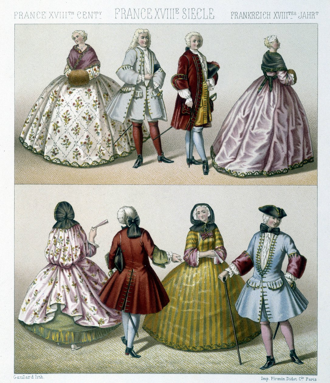 Män och kvinnor som bär moderiktiga 1700-talsdräkter i Frankrike. Illustration i "" Le costume historique"" av Racinet av Albert Charles August Racinet