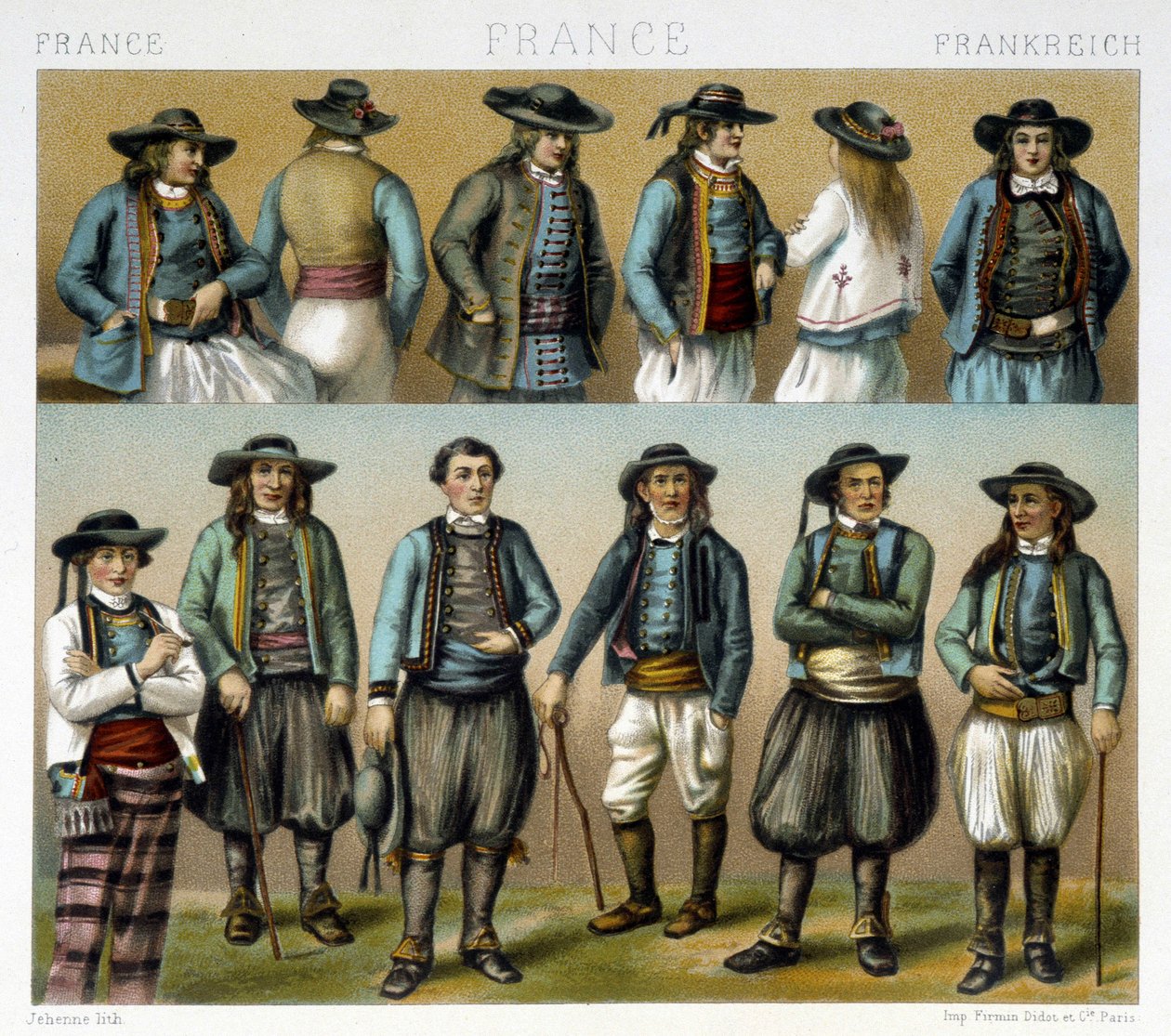 Mansdräkter från 1800-talets Finistère - i "" Le costume ancien et historique "" av Racinet av Albert Charles August Racinet