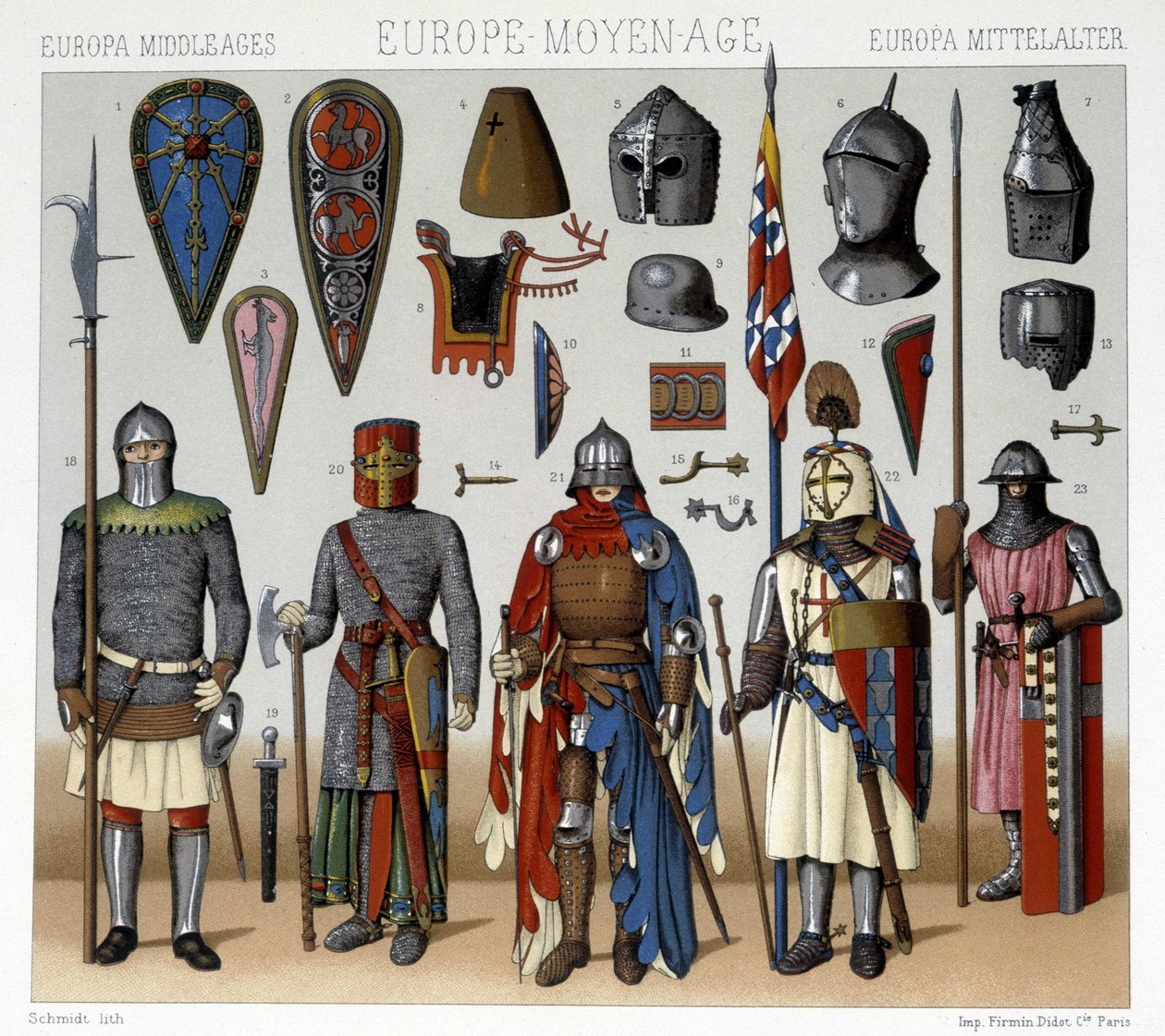 Militära dräkter och hjälmar i Frankrike från 1200- till 1400-talen. Illustration i "" Le costume historique"" av Racinet av Albert Charles August Racinet