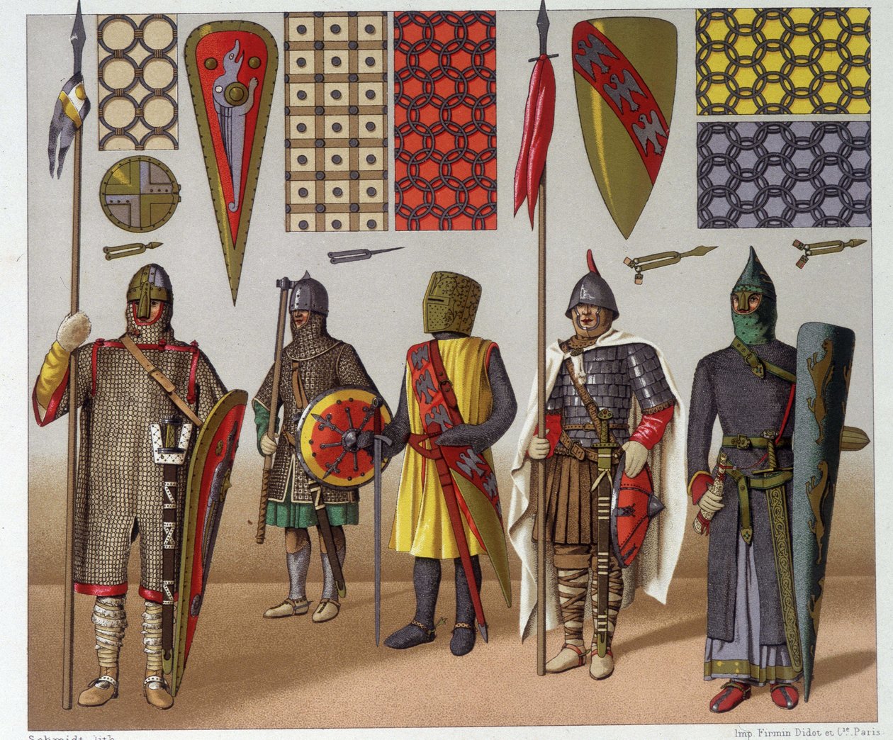 Militärdräkter från 900-talet till 1100-talet, av A. Racinet av Albert Charles August Racinet