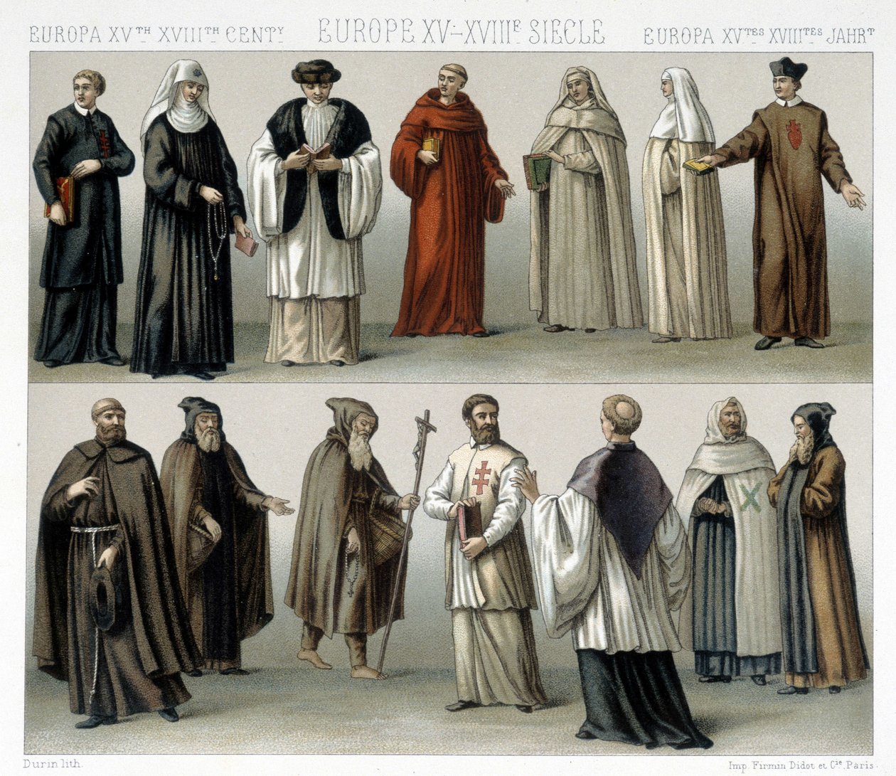 Monastiska dräkter i Europa från 1400- till 1700-talen. Illustration i "" Le costume historique"" av Racinet av Albert Charles August Racinet