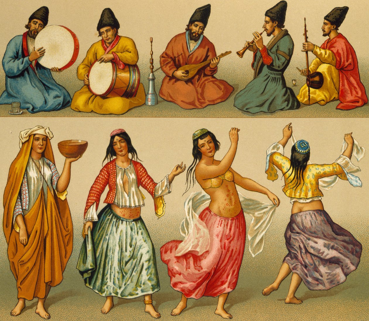 Musiker och dansare från Persien, litografi av Dambourget, från Le Costume historique (Complete Costume History), Volym I av Albert Charles August Racinet