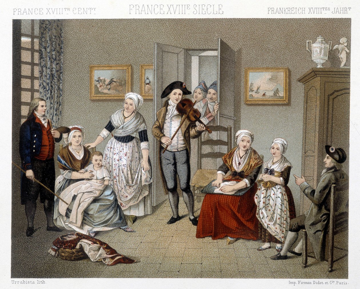 Musiker spelar sitt intrång för en familj inne i ett hus. Illustration i "" Le costume historique"" av Racinet av Albert Charles August Racinet