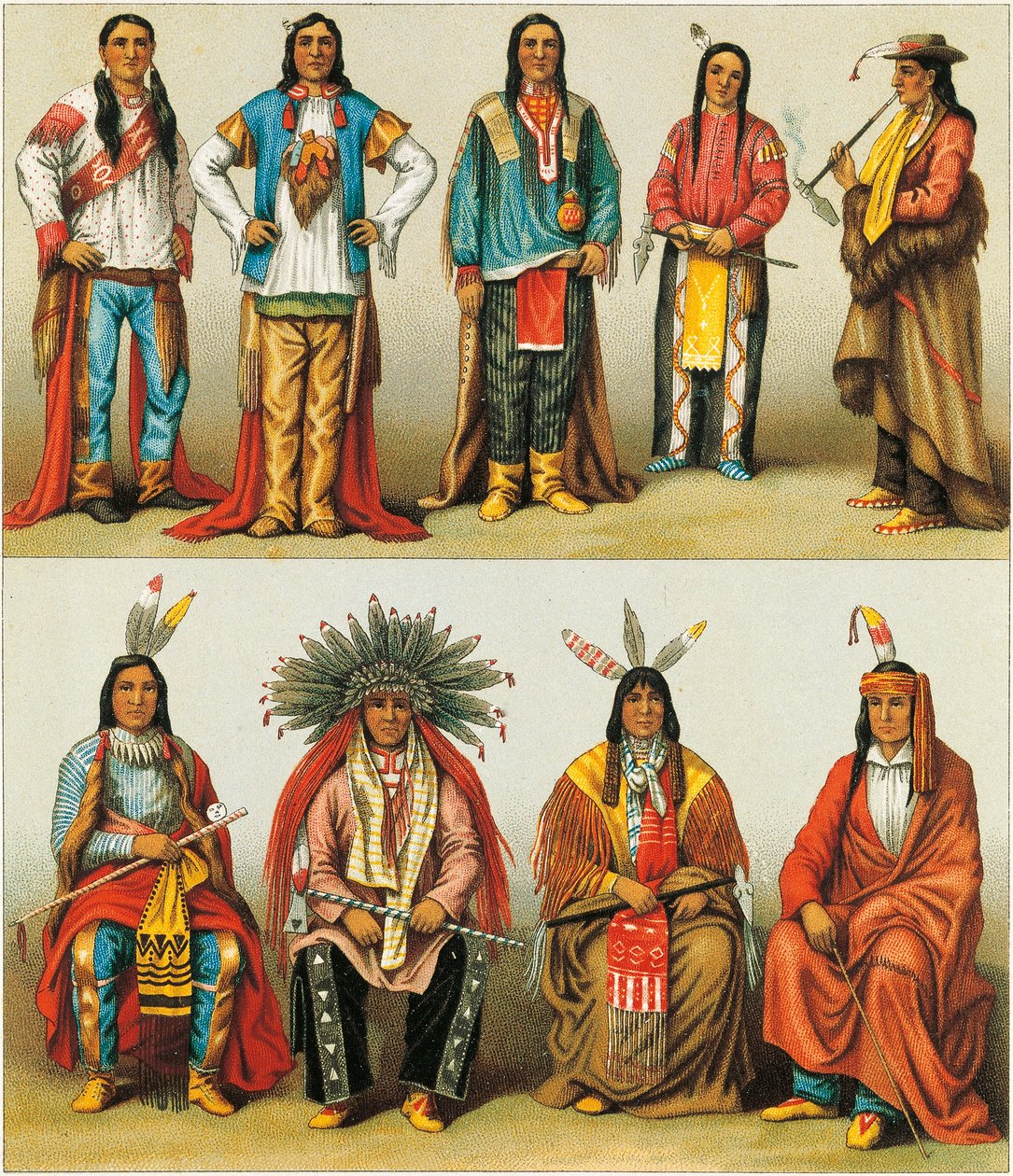 Indianer från Mississippi och Colorado, litografi av Nordmann och Sahn från Le Costume Historique, volym 2 av Albert Charles August Racinet