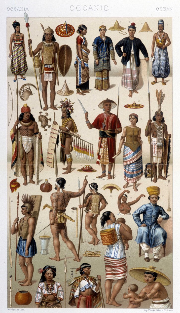 Folk i Malaysia och Polynesien (Oceanien). Illustration i "" Le costume historique"" av Racinet av Albert Charles August Racinet