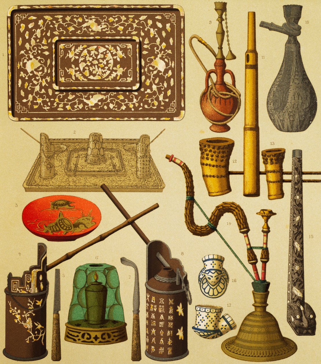 Pipa och föremål som används av rökare, litografi av Schmidt från The Complete Costume History, första volymen, av Auguste Racinet (1825-1893), Paris av Albert Charles August Racinet