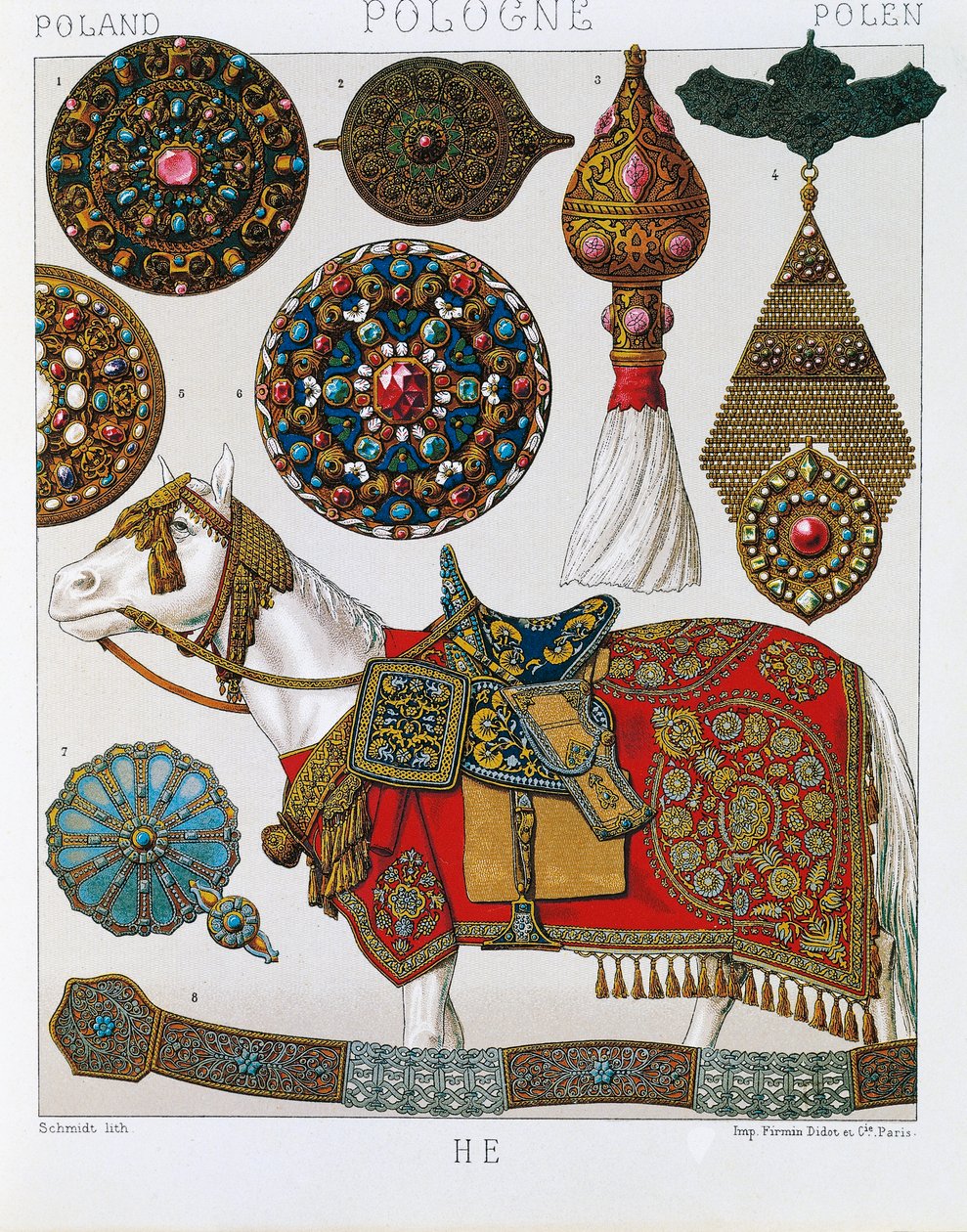 Polska ornament, hästhusarer, litografi hämtad från Schmidts Costume historique, volym V av Albert Charles August Racinet