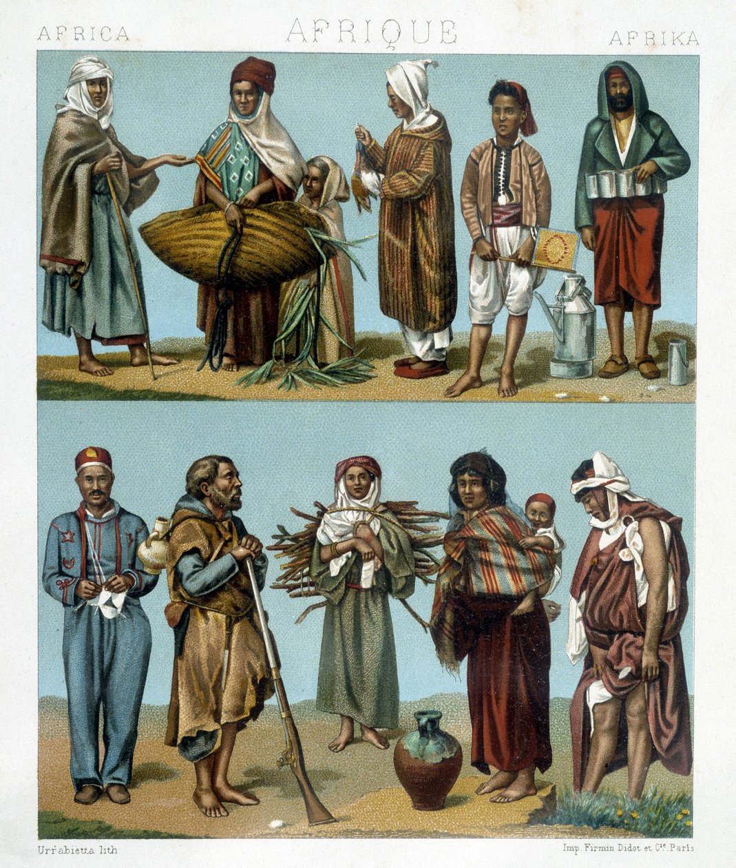 Populära dräkter i Afrika. Illustration i "Den historiska kostymen"" av Racinet av Albert Charles August Racinet