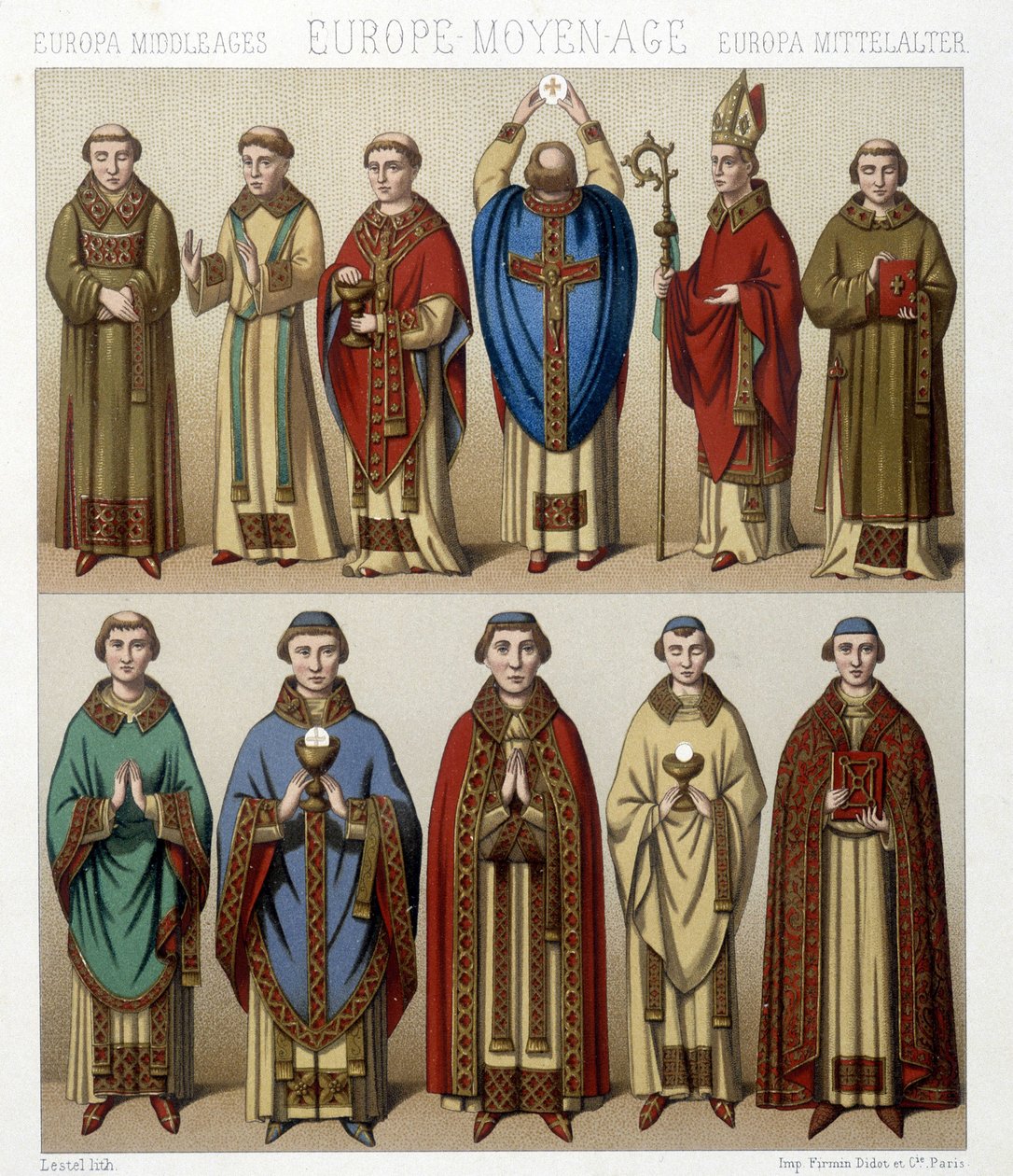 Religiösa dräkter i Europa under medeltiden. Illustration i "" Le costume historique"" av Racinet av Albert Charles August Racinet