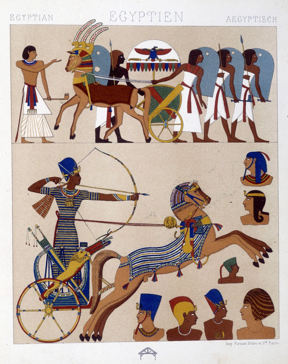 Reproduktion av fresker av det antika Egypten inklusive Ramses II på hans tank - i "Den historiska kostymen"" av Racinet av Albert Charles August Racinet