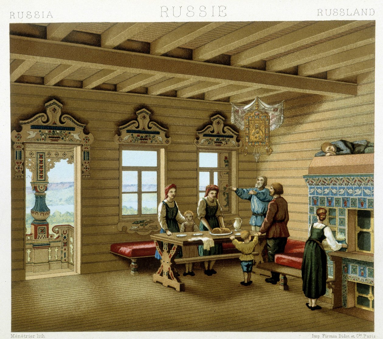 Rysk familj i en typisk bostad i Ryssland på 1800-talet. Kromolitografisk platta - i "" Le costume historique"" av Racinet av Albert Charles August Racinet