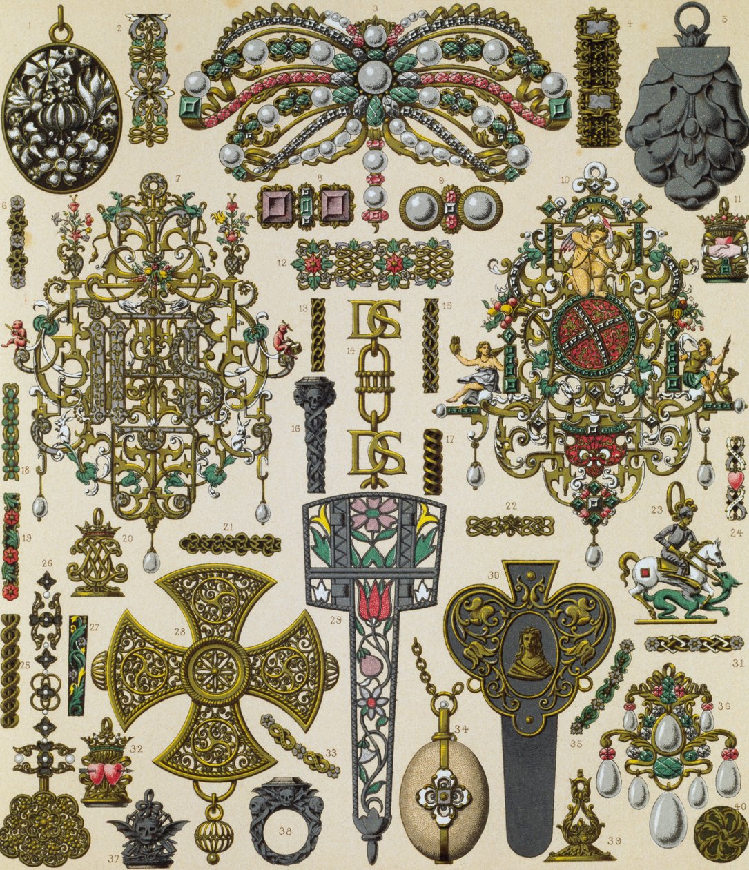 Smycken från 1600-talet, litografi av Schmidt publicerade i Le costume historique, volym V av Albert Charles August Racinet
