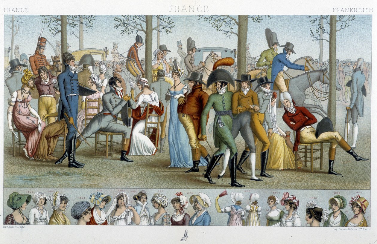 Borgerligheten går till Longchamp, deb. 1800-talet - i "" Le costume historique"" av Racinet av Albert Charles August Racinet