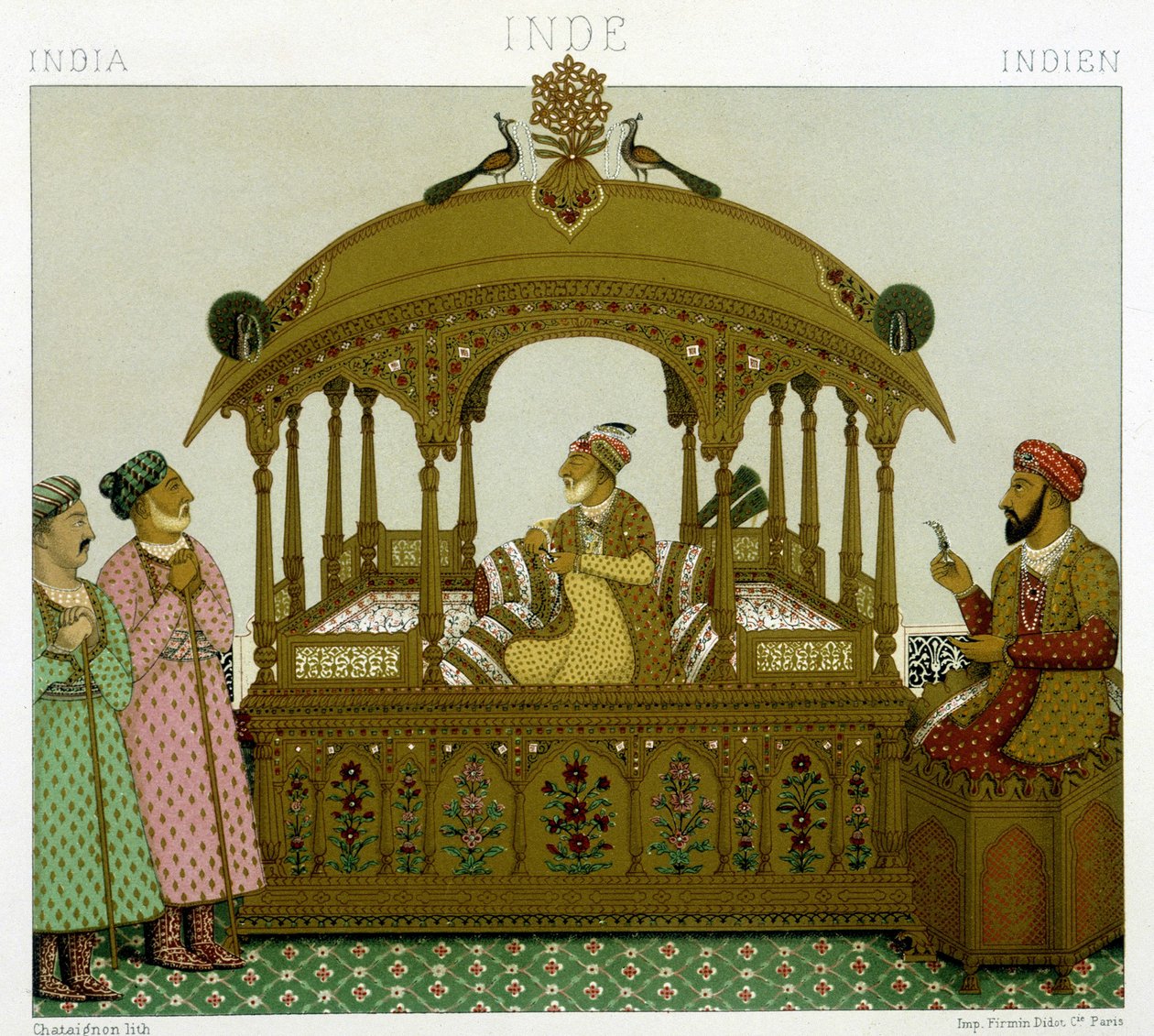 Mughal-kejsarnas tron. Kromolitografisk platta - i "" Le costume historique"" av Racinet av Albert Charles August Racinet