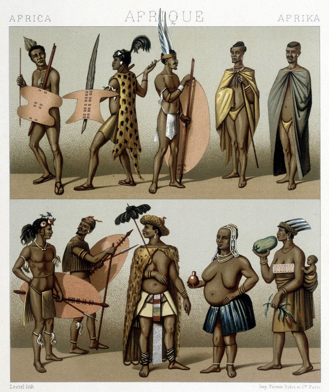 Traditionell Cafrerie-dräkt (Meridional del av Afrika). Illustration i "" Le costume historique"" av Racinet av Albert Charles August Racinet
