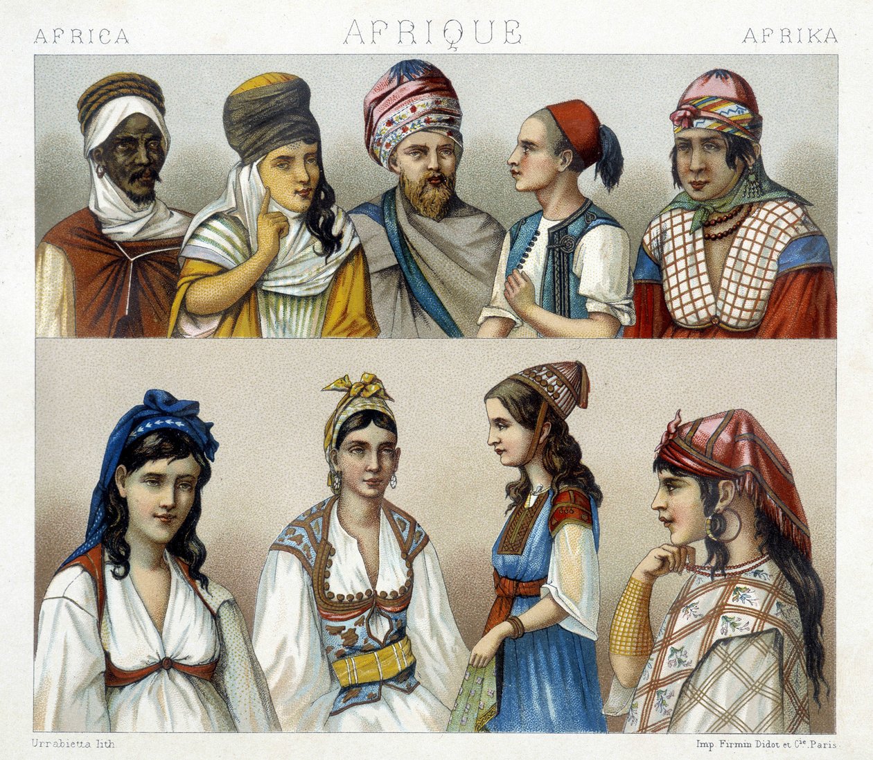 Traditionella dräkter och huvudbonader av män och kvinnor i Algeriet. Illustration i "" Le costume historique"" av Racinet av Albert Charles August Racinet