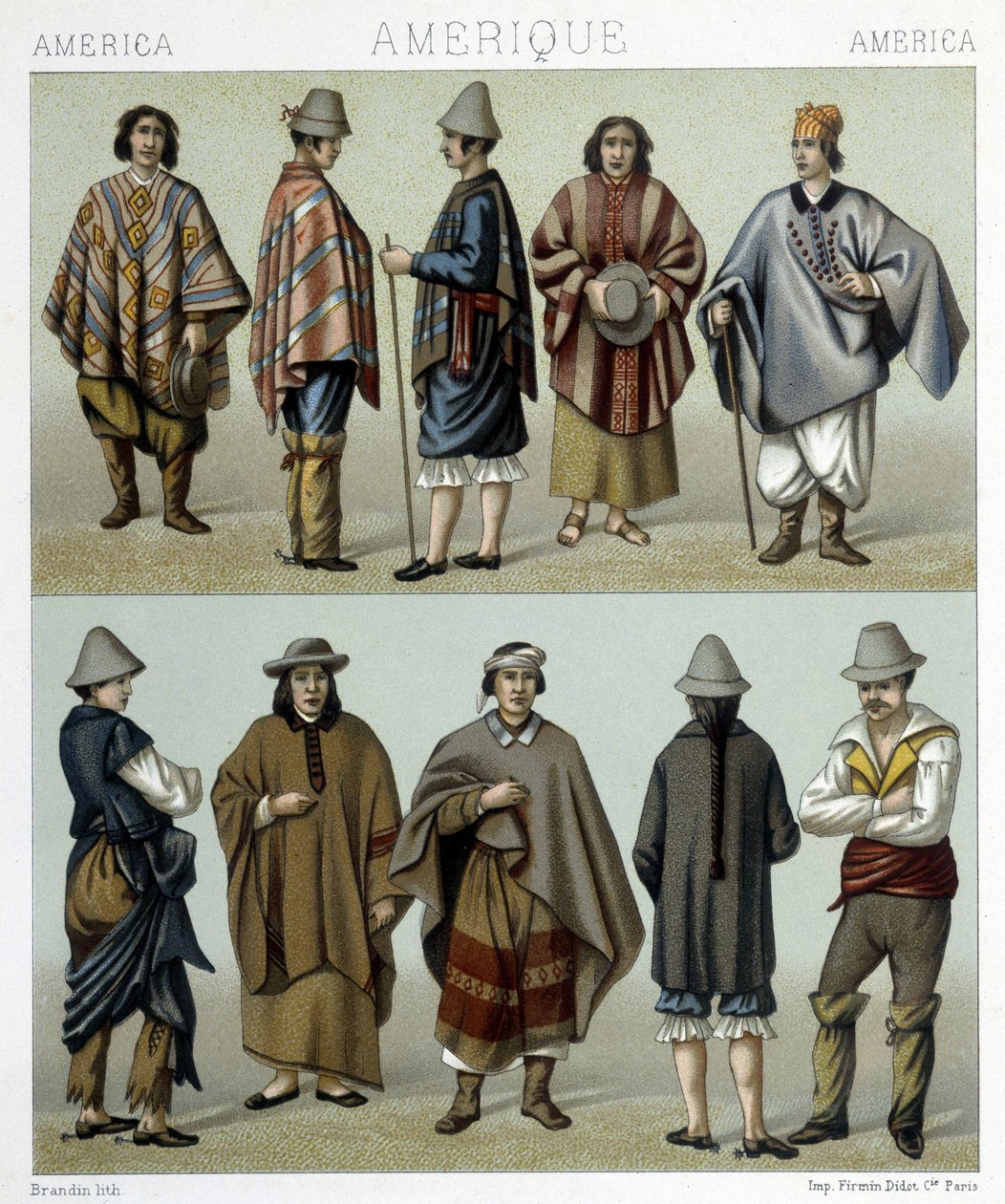 Traditionella dräkter i Chile. Illustration i "Den historiska kostymen" av Racinet av Albert Charles August Racinet