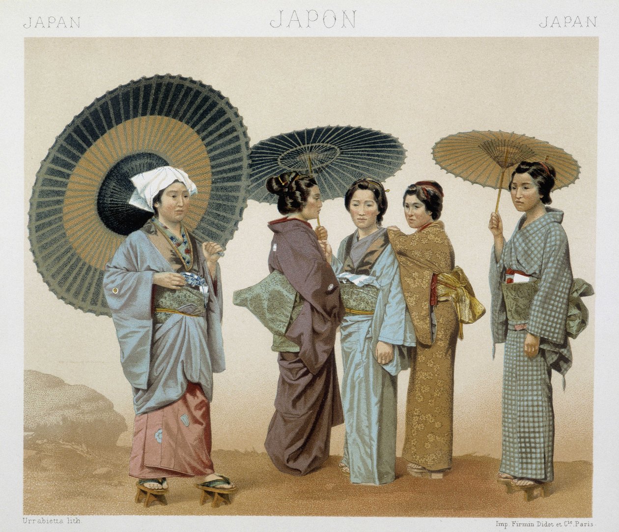 Traditionella dräkter av japanska kvinnor. Illustration i "" Le costume historique"" av Racinet av Albert Charles August Racinet